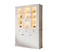 Vitrine-Argentier Blanche 119.5x40x180cm MDF, Éclairage LED, 4 Tiroirs, 5 Portes, 21 Étagères, Meuble Sur Pied Salon