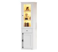 Vitrine Argentier Blanche 55x40x200cm Autoportante, 2 Portes Verre LED, 1 Tiroir Poignées Métal Aluminium Pour Salon Cuisine