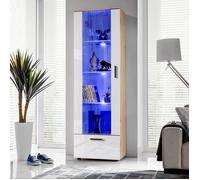 Vitrine Armoire Alessandria Komodee - LED bleues - Blanc Brillant et Bois Naturel - Facades en Brillant - 60 x 192 x 42 cm