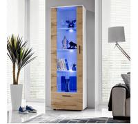 Vitrine Armoire Alessandria Komodee - LED bleues - Bois Naturel Mat et Blanc - Facades en Mat - 60 x 192 x 42 cm