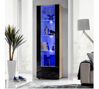 Vitrine Armoire Alessandria Komodee - LED bleues - Noir Brillant et Bois Naturel - Facades en Brillant - 60 x 192 x 42 cm