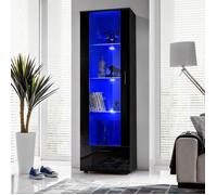 Vitrine Armoire Alessandria Komodee - LED bleues - Noir Brillant et Noir - Facades en Brillant - 60 x 192 x 42 cm