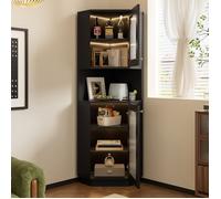 Vitrine armoire d'angle avec éclairage, étagères ouvertes et placard fermé, MDF noir, gain de place