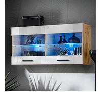 Vitrine Armoire Savona Komodee - LED bleues - Blanc Brillant et Bois Naturel - Facades en Brillant - 100 x 50 x 30 cm