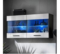 Vitrine Armoire Savona Komodee - LED bleues - Blanc Brillant et Noir - Facades en Brillant - 100 x 50 x 30 cm