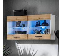 Vitrine Armoire Savona Komodee - LED bleues - Bois Naturel Mat et Blanc - Facades en Matt - 100 x 50 x 30 cm