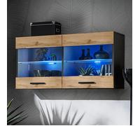 Vitrine Armoire Savona Komodee - LED bleues - Bois Naturel Mat et Noir - Facades en Matt - 100 x 50 x 30 cm