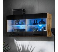 Vitrine Armoire Savona Komodee - LED bleues - Noir Brillant et Bois Naturel - Facades en Brillant - 100 x 50 x 30 cm
