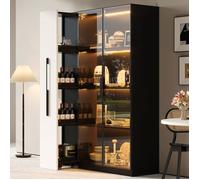Vitrine avec porte vitrée, armoire haute moderne avec éclairage LED et tiroirs latéraux, design noir et blanc, armoire de rangement