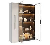 Vitrine avec porte vitrée et éclairage LED,étagère latérale coulissante, armoire à roulettes,armoire haute,bibliothèque,110x35x160cm