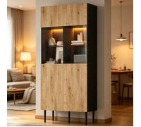 Vitrine avec Portes vitrées-Meuble de 180 cm de Hauteur avec éclairage LED - bibliothèque- Bureau- Noir/chêne