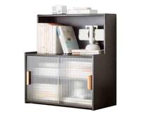Vitrine Bibliothèque de bureau noire avec séparateurs réglables, présentoir à porte coulissante en plastique, for salon, étagère rangement Bibliothèque(L45xW28xH61 cm)