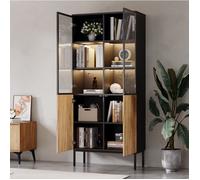 Vitrine bibliothèque LED 80 x 35 x 180 cm meuble de rangement 4 portes en verre étagères réglables noir chêne ORVRYN
