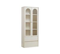 Vitrine Bibliothèque sur pied avec portes en verre cintrées, tiroirs, étagères réglables, meuble de rangement Bibliothèque