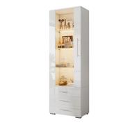 Vitrine blanc brillante, vitrine en verre, vitrine sur pied avec éclairage LED, vitrine verticale avec 3 tiroirs, 60 x 35 x 180 cm