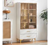 Vitrine blanche 70x35x150 cm, 3 étagères, 2 portes, avec LED et 2 tiroirs