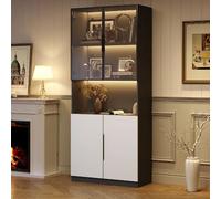 Vitrine blanche 80x30x200 cm, 5 étagères, 4 portes, avec LED réglable