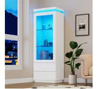 Vitrine blanche brillante avec éclairage LED - 2 tiroirs, portes vitrées et porte rabattante - Meuble de salon design