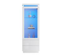 Vitrine blanche brillante avec éclairage LED, armoire haute avec 2 tiroirs, armoire sur pied, 60 x 40 x 171 cm