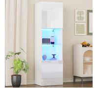 Vitrine Blanche Haute Brillance 160 cm avec LED et Étagère en Verre Trempé, Colonne de Rangement Moderne