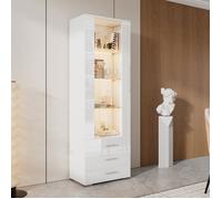 Vitrine blanche haute brillance, vitrine vitrine de verre, vitrine avec éclairage LED, vitrine verticale avec 3 tiroirs,