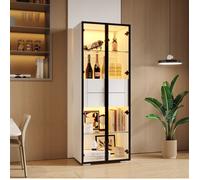 Vitrine Blanche LED 60×40×160 cm Buffet haut Moderne avec 2 Portes en Verre Trempé, 2 Étagères Réglable et 2 Tiroirs de Rangement