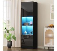 Vitrine brillante avec éclairage LED, 1 étagère en verre, 45x35x160 cm, haute, meuble de rangement, vitrine de salle à manger, noir