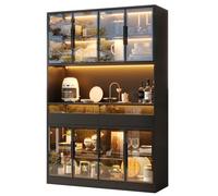 Vitrine Buffet 120x40x180 cm LED Noir Verre Gris Trempé, 8 Portes 2 Tiroirs Compartiment Ouvert, Armoire de Bar Rangement Moderne