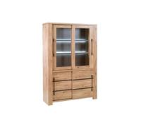 Vitrine CARVIK 4 portes coulissantes chêne naturel noir mat avec éclairage LED 145x48xH212cm
