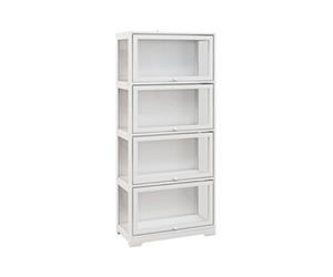 Vitrine colonne 4 niveaux - 4 portes abattantes - dim. 59 x 30 x 139 cm - MDF blanc acrylique transparent