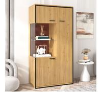 Vitrine contemporaine à éclairage LED, trois portes, hauteur 150 cm, armoire haut de salon avec étagères en verre, finition bois