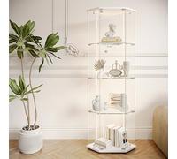 Vitrine d'angle avec éclairage LED, vitrine en verre debout avec portes en verre, 4 étagères en verre, vitrine d'angle en verre et bois, vitrine moderne pour salon, chambre à coucher, bureau, livres
