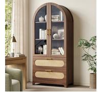 Vitrine de salon arquée 80x40x175 cm effet noyer, meuble vitrine avec portes vitrées, 2 tiroirs cannage rotin, étagères réglables