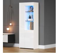 Vitrine de salon LED blanc brillant-avec 2 étagères en verre et 1 tiroir-Armoire haute-HAUSS SPOLE