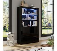 Vitrine de salon noire 100 x 35 x 170 cm avec LED, 2 portes, 2 étagères en verre et façade avant brillante