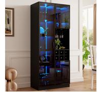 Vitrine d'Exposition - 60x36x160 cm - Meuble Bar Vaisselier avec LED Connectée, Portes en Verre et Casier à Bouteilles - Noir