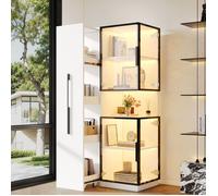 Vitrine d'Exposition Blanc - avec LED et Meuble Bar Coulissant Buffet Haut - Gain de Place - 70x38x160cm
