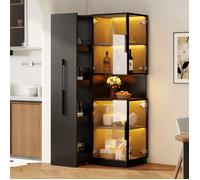 Vitrine d'Exposition Noir - avec LED et Meuble Bar Coulissant Buffet Haut - Gain de Place - 70x38x160cm