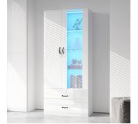 Vitrine - Éclairage LED 16 couleurs, 2 portes, 2 tiroirs , portes vitrées, Port USB + connectivité Bluetooth, 59,5x35x182cm, blanc