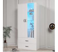 Vitrine éclairée par LED 16 couleurs 2 portes 2 tiroirs avec portes vitrées Vitrine LED armoire buffet Blanc