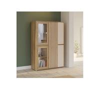 Vitrine ELISTON AUCUNE 3 portes 2 vitrées 9 tablettes blanc mat chêne