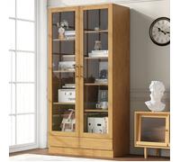 Vitrine en Bois avec Portes Vitrées, 80 x 40 x 160 cm, Meuble de Rangement Multifonction avec 2 Tiroirs, Design Élégant