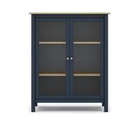 Vitrine en pin massif chêne et bleu, meuble de rangement avec 2 portes - Longueur 90 x Profondeur 40 x Hauteur 110 cm--