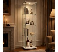Vitrine en Verre 4 Étagères Porte simple, Vitrine Armoire avec LED et Serrure de Sécurité, Meuble d'Exposition Verre Trempé, Blanc