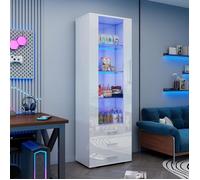 Vitrine en verre avec éclairage LED blanc brillant avec portes et 3 tiroirs, armoire haute de 180 cm, armoire de cuisine