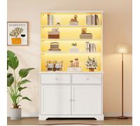 Vitrine en Verre avec LED, Armoire de Salon Haute avec 2 Portes et 2 Tiroirs, Bibliothèque et Armoire Multifonction, 100x38x170 cm