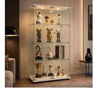Vitrine en Verre avec LED et Serrure de Sécurité, Vitrine Armoire 4 Étagères Double Portes, Meuble Vitrine Verre Trempé, Blanc