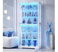Vitrine en Verre Blanc LED, Présentoir Salon pour Figurines &Collections, 4 Étagères, Éclairage Intelligent à Détection de Mouvement