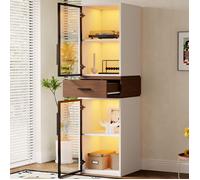 Vitrine en Verre LED Blanche - MERAX - avec 2 Portes Vitrées et Tiroir Noyer - Meuble Vitrine Moderne pour Salon 40 × 40 × 200 cm