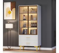 Vitrine en verre Meubles vitrine salon moderne avec 2 Portes, Pieds Dorés et Étagères Réglables, Éclairage LED Multicolore, 70x35x150 cm, Blanc